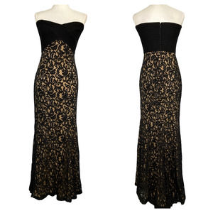 Tadashi Shoji Black & Tan Sweetheart Strapless Lace Maxi Fishtail Gown Dress 8